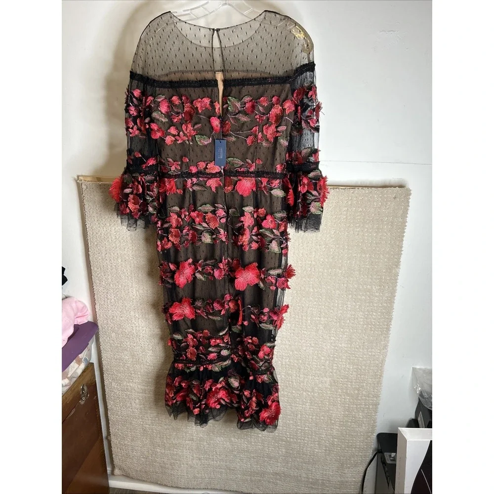 Marchesa‎ Notte Red Embroidered Tea Length Fit Flare Flower Dress Sz 6 NWT
